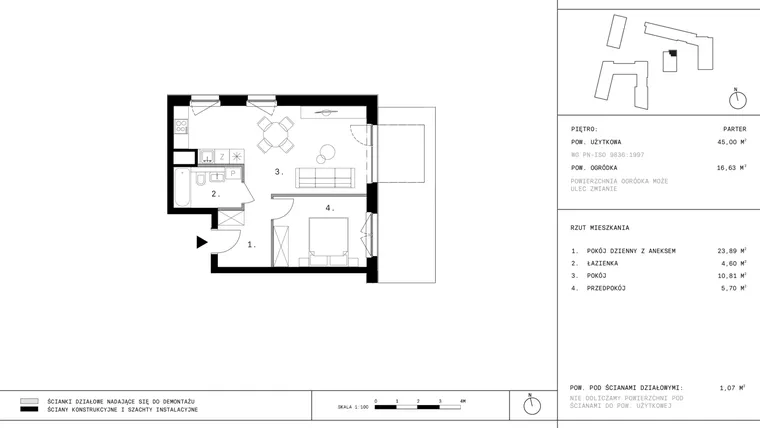 Rzut - Mieszkanie na sprzedaż 2 pokoje o powierzchni 45 m² - numer B7.0 w 28 czerwca 1956 r.