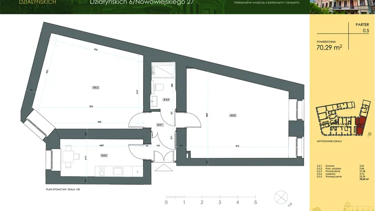 Rzut - Mieszkanie na sprzedaż 3 pokoje o powierzchni 69,23 m² - numer 0.5 w Działyńskich 6