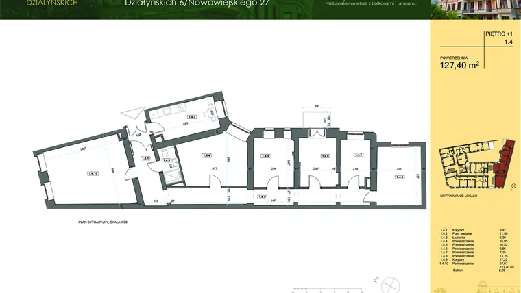Rzut - Mieszkanie na sprzedaż 6 pokoi o powierzchni 127,09 m² - numer 1.4 w Działyńskich 6