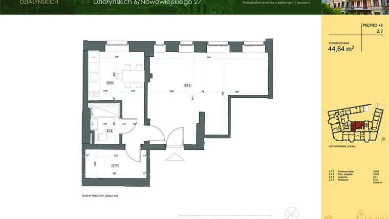 Rzut - Mieszkanie na sprzedaż 2 pokoje o powierzchni 43,24 m² - numer 2.7 w Działyńskich 6