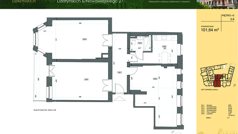 Rzut - Mieszkanie na sprzedaż 3 pokoje o powierzchni 99,64 m² - numer 3.6 w Działyńskich 6