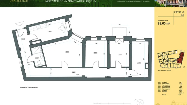 Rzut - Mieszkanie na sprzedaż 4 pokoje o powierzchni 89,81 m² - numer 3.8 w Działyńskich 6