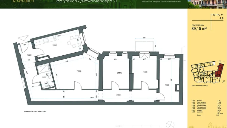 Rzut - Mieszkanie na sprzedaż 5 pokoi o powierzchni 90,03 m² - numer 4.8 w Działyńskich 6