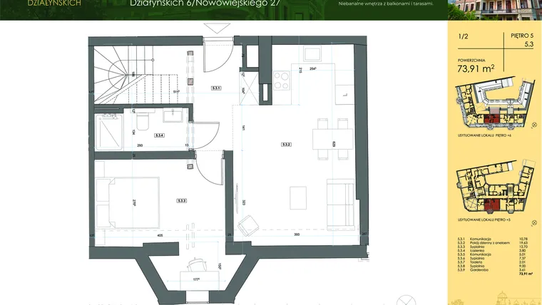 Rzut - Mieszkanie na sprzedaż 4 pokoje o powierzchni 73,68 m² - numer 5.3 w Działyńskich 6