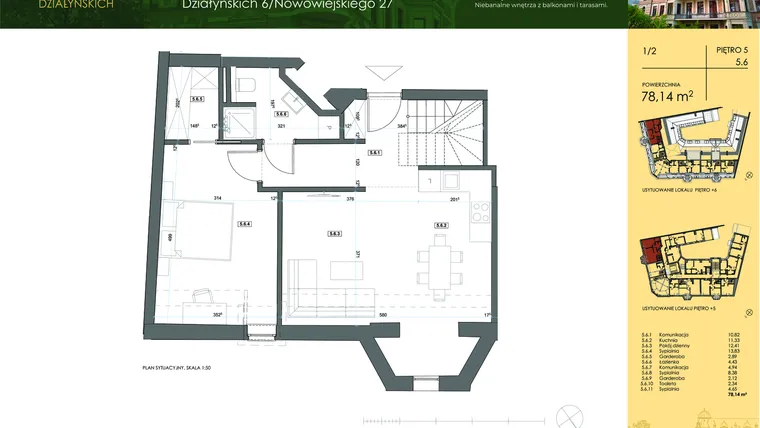 Rzut - Mieszkanie na sprzedaż 4 pokoje o powierzchni 76,53 m² - numer 5.6 w Działyńskich 6