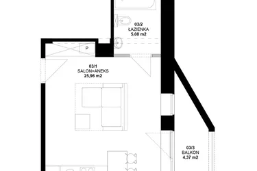 Rzut - Mieszkanie na sprzedaż 1 pokój o powierzchni 30,8 m² - numer 3 w Garbary 40