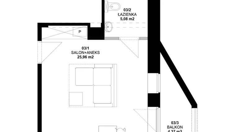 Rzut - Mieszkanie na sprzedaż 1 pokój o powierzchni 30,8 m² - numer 3 w Garbary 40