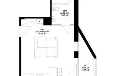 Rzut - Mieszkanie na sprzedaż 1 pokój o powierzchni 31,55 m² - numer 5 w Garbary 40