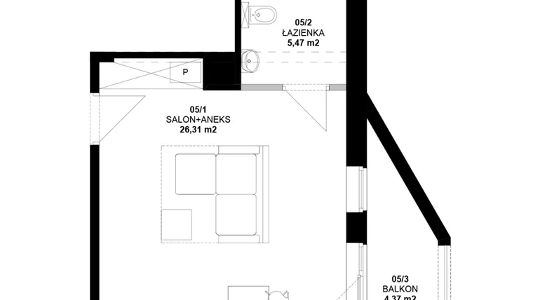 Rzut - Mieszkanie na sprzedaż 1 pokój o powierzchni 31,55 m² - numer 5 w Garbary 40