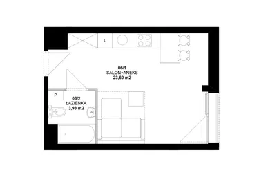 Rzut - Mieszkanie na sprzedaż 1 pokój o powierzchni 27,22 m² - numer 6 w Garbary 40
