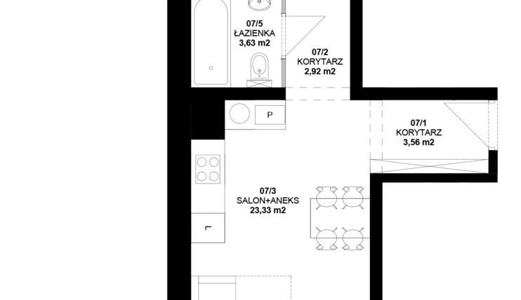 Rzut - Mieszkanie na sprzedaż 2 pokoje o powierzchni 44,62 m² - numer 7 w Garbary 40
