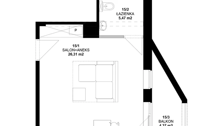 Rzut - Mieszkanie na sprzedaż 1 pokój o powierzchni 31,39 m² - numer 15 w Garbary 40
