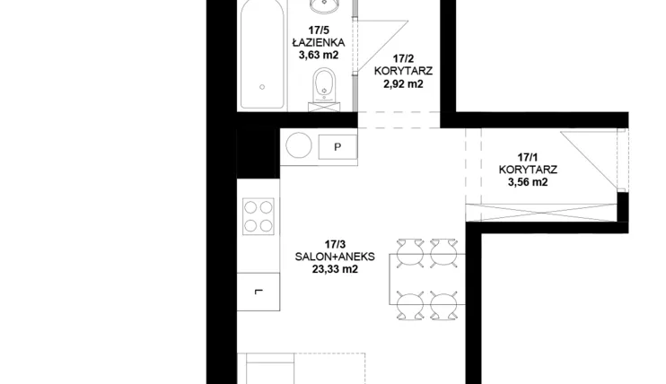 Rzut - Mieszkanie na sprzedaż 2 pokoje o powierzchni 43,24 m² - numer 17 w Garbary 40
