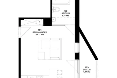 Rzut - Mieszkanie na sprzedaż 1 pokój o powierzchni 31,23 m² - numer 20 w Garbary 40