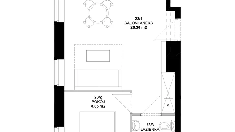 Rzut - Mieszkanie na sprzedaż 2 pokoje o powierzchni 38,58 m² - numer 23 w Garbary 40