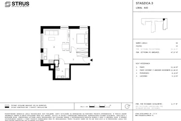 Rzut - Mieszkanie na sprzedaż 2 pokoje o powierzchni 47,57 m² - numer 6.A40 w Staszica 3