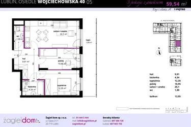 Rzut - Mieszkanie na sprzedaż 3 pokoje o powierzchni 59,41 m² - numer 5 w Wojciechowska Square