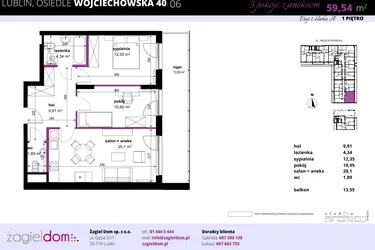 Rzut - Mieszkanie na sprzedaż 3 pokoje o powierzchni 59,37 m² - numer 6 w Wojciechowska Square