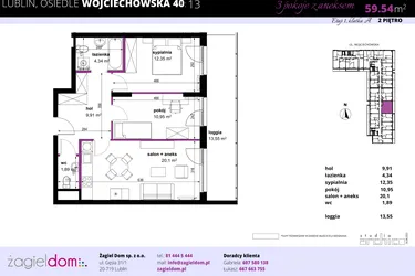 Rzut - Mieszkanie na sprzedaż 3 pokoje o powierzchni 59,79 m² - numer 13 w Wojciechowska Square