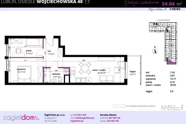 Rzut - Mieszkanie na sprzedaż 3 pokoje o powierzchni 54,27 m² - numer 17 w Wojciechowska Square