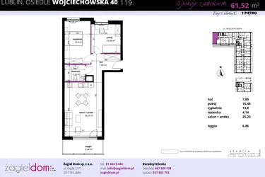 Rzut - Mieszkanie na sprzedaż 3 pokoje o powierzchni 61,59 m² - numer 119 w Wojciechowska Square