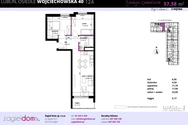 Rzut - Mieszkanie na sprzedaż 3 pokoje o powierzchni 57,69 m² - numer 124 w Wojciechowska Square