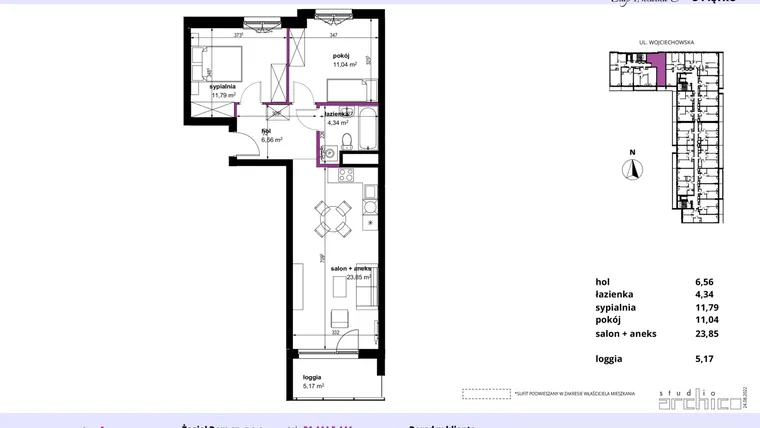 Rzut - Mieszkanie na sprzedaż 3 pokoje o powierzchni 57,69 m² - numer 124 w Wojciechowska Square