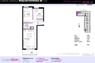 Rzut - Mieszkanie na sprzedaż 3 pokoje o powierzchni 61,54 m² - numer 127 w Wojciechowska Square