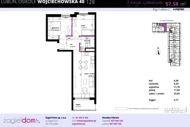 Rzut - Mieszkanie na sprzedaż 3 pokoje o powierzchni 57,42 m² - numer 128 w Wojciechowska Square