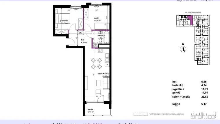 Rzut - Mieszkanie na sprzedaż 3 pokoje o powierzchni 57,42 m² - numer 128 w Wojciechowska Square