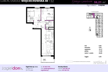 Rzut - Mieszkanie na sprzedaż 3 pokoje o powierzchni 59,1 m² - numer 132 w Wojciechowska Square