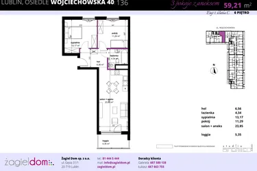 Rzut - Mieszkanie na sprzedaż 3 pokoje o powierzchni 59,14 m² - numer 136 w Wojciechowska Square