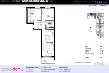 Rzut - Mieszkanie na sprzedaż 3 pokoje o powierzchni 58,96 m² - numer 140 w Wojciechowska Square