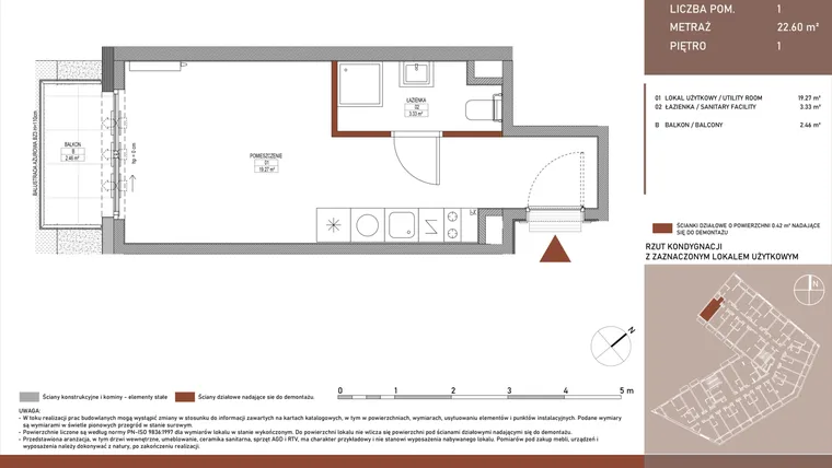 Rzut - Mieszkanie na sprzedaż 1 pokój o powierzchni 22,6 m² - numer B.2.5 w Żurawie - etap II