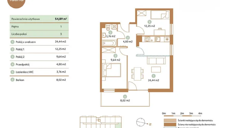 Rzut - Mieszkanie na sprzedaż 3 pokoje o powierzchni 54,89 m² - numer D20-1 w Fauna