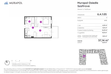 Rzut - Mieszkanie na sprzedaż 2 pokoje o powierzchni 37,14 m² - numer 6.A.1.05 w Murapol Osiedle Szafirove
