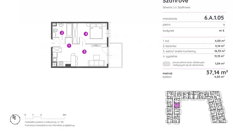 Rzut - Mieszkanie na sprzedaż 2 pokoje o powierzchni 37,14 m² - numer 6.A.1.05 w Murapol Osiedle Szafirove