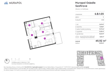 Rzut - Mieszkanie na sprzedaż 2 pokoje o powierzchni 49,92 m² - numer 6.B.1.03 w Murapol Osiedle Szafirove