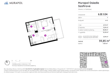 Rzut - Mieszkanie na sprzedaż 2 pokoje o powierzchni 39,85 m² - numer 6.B.1.04 w Murapol Osiedle Szafirove