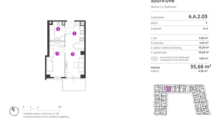 Rzut - Mieszkanie na sprzedaż 1 pokój o powierzchni 35,68 m² - numer 6.A.2.03 w Murapol Osiedle Szafirove