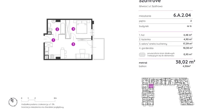 Rzut - Mieszkanie na sprzedaż 1 pokój o powierzchni 38,02 m² - numer 6.A.2.04 w Murapol Osiedle Szafirove