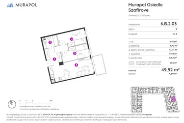 Rzut - Mieszkanie na sprzedaż 2 pokoje o powierzchni 49,92 m² - numer 6.B.2.03 w Murapol Osiedle Szafirove