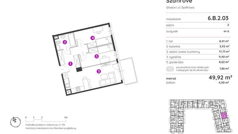 Rzut - Mieszkanie na sprzedaż 2 pokoje o powierzchni 49,92 m² - numer 6.B.2.03 w Murapol Osiedle Szafirove