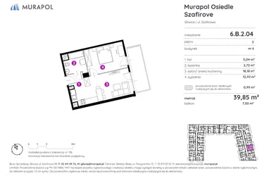 Rzut - Mieszkanie na sprzedaż 2 pokoje o powierzchni 39,85 m² - numer 6.B.2.04 w Murapol Osiedle Szafirove