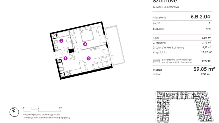Rzut - Mieszkanie na sprzedaż 2 pokoje o powierzchni 39,85 m² - numer 6.B.2.04 w Murapol Osiedle Szafirove