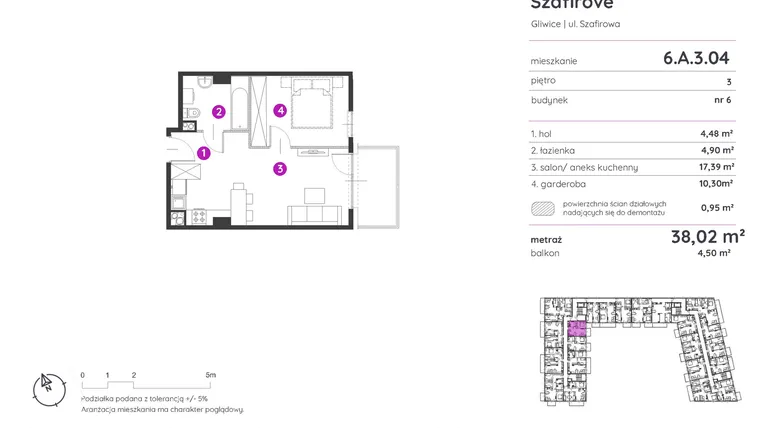 Rzut - Mieszkanie na sprzedaż 1 pokój o powierzchni 38,02 m² - numer 6.A.3.04 w Murapol Osiedle Szafirove