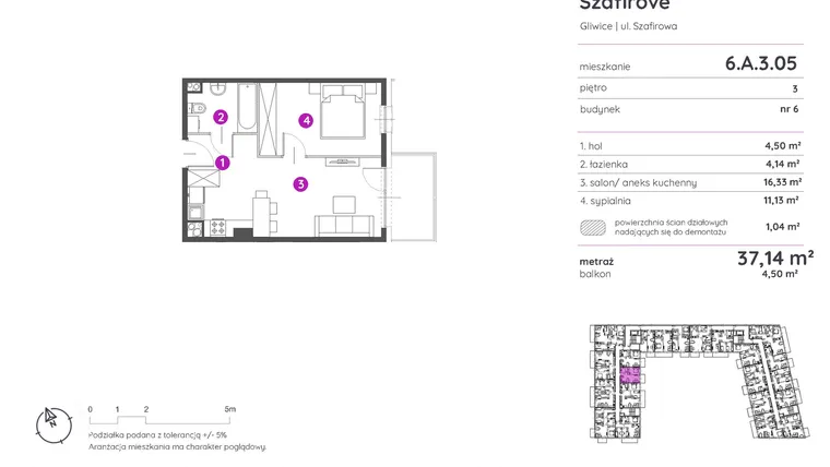 Rzut - Mieszkanie na sprzedaż 2 pokoje o powierzchni 37,14 m² - numer 6.A.3.05 w Murapol Osiedle Szafirove