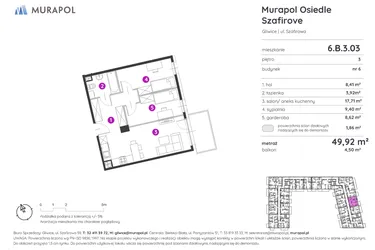 Rzut - Mieszkanie na sprzedaż 2 pokoje o powierzchni 49,92 m² - numer 6.B.3.03 w Murapol Osiedle Szafirove