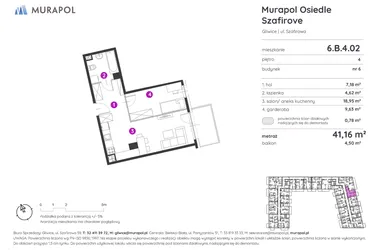 Rzut - Mieszkanie na sprzedaż 1 pokój o powierzchni 41,16 m² - numer 6.B.4.02 w Murapol Osiedle Szafirove
