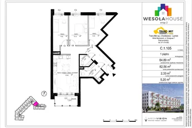 Rzut - Mieszkanie na sprzedaż 4 pokoje o powierzchni 82,35 m² - numer C.1.105 w Wesoła House Etap II